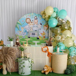 Mocsicka Cute Baby Jungle Safari Animal Theme Birthday Party Round Cover Backdrop