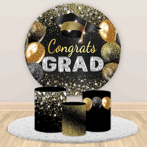 Mocsicka Black Golden Balloons Congrats Grad Round cover and Cylinder Cover Kit for Graduation Party Decoration
