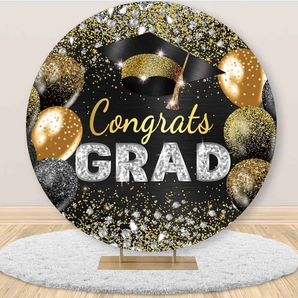 Mocsicka Black Golden Balloons Congrats Grad Round Backdrop Cover for Graduation Party