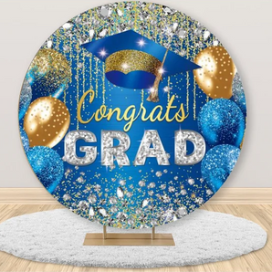 Mocsicka Blue and Gold Congrats Grad Round Backdrop Cover for Graduation Party