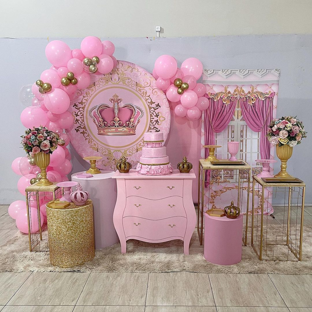 Mocsicka Pink & Gold Crown Happy Birthday Round cover and Cylinder Cover Kit for Party Decoration-Mocsicka Party