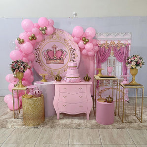 Mocsicka Pink & Gold Crown Happy Birthday Round cover and Cylinder Cover Kit for Party Decoration-Mocsicka Party