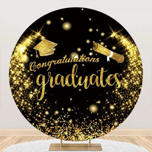 Mocsicka Black and Gold Congratulations Graduates Round Backdrop Cover for Graduation Party