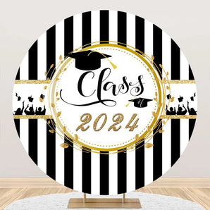 Mocsicka Black and White Stripes Class of 2024 Round Backdrop Cover for Graduation Party