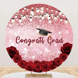 Mocsicka Pink and Red Rose Congrats Grad Round Backdrop Cover for Graduation Party