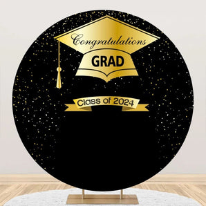 Mocsicka Black and Gold Congratulations Grad Class of 2024 Round Backdrop Cover