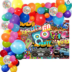 Mocsicka Let's Go 80s Party Backdrop Retro Radio and Graffiti Wall Photo Background and Balloon Kit-Mocsicka Party