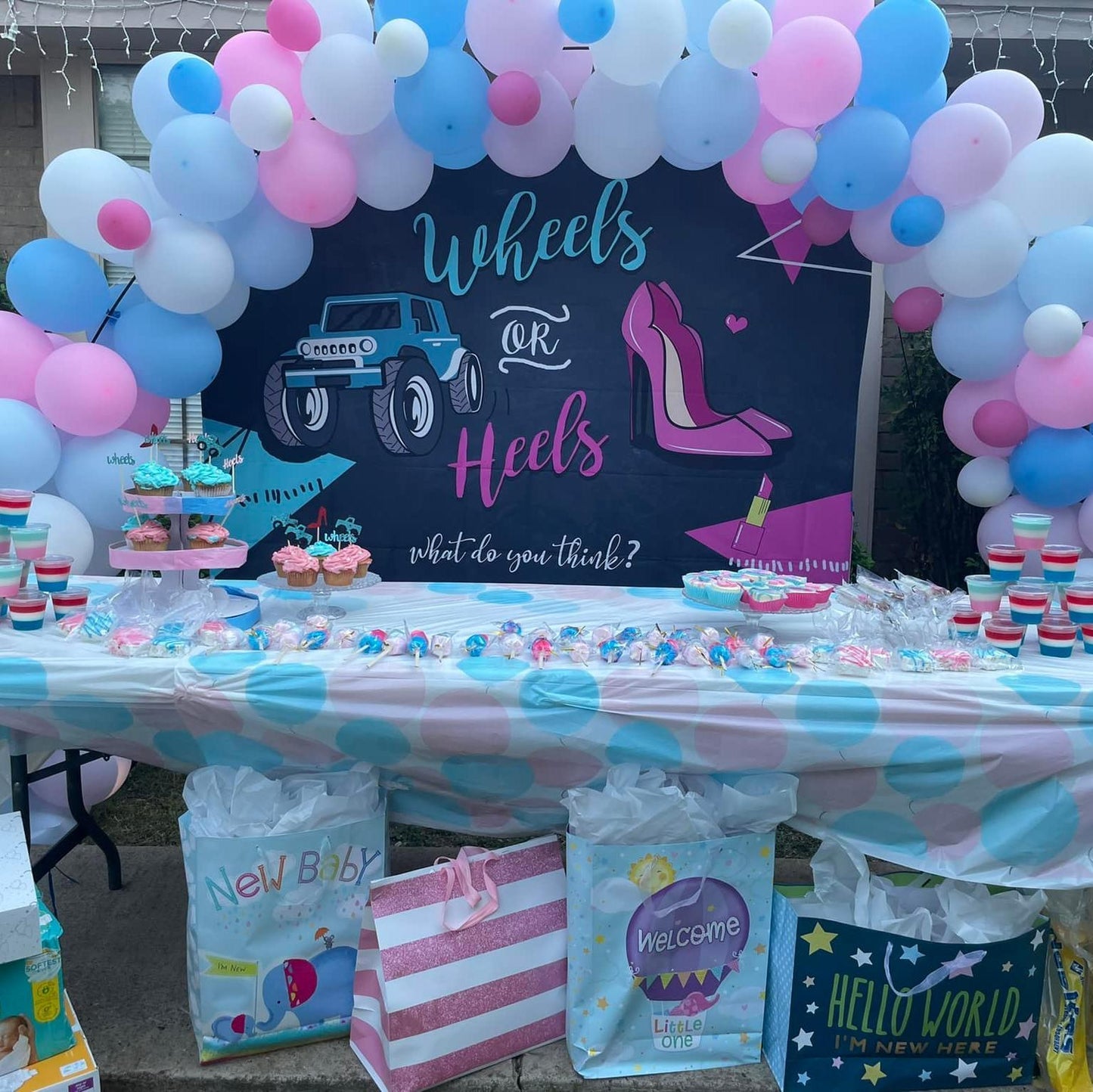 Mocsicka Wheels or Heels Gender Reveal Baby Shower Party Backdrop-Mocsicka Party