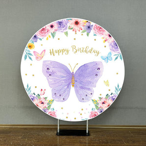 Mocsicka Purple Butterfly and Flowers Happy Birthday Round Cover-Mocsicka Party