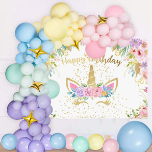 Mocsicka Flowers and Golden Unicorn Happy Birthday Backdrop and Balloon Kit-Mocsicka Party