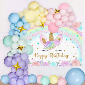 Mocsicka Unicorn Rainbow and Flowers Happy Birthday Backdrop and Balloon Kit-Mocsicka Party