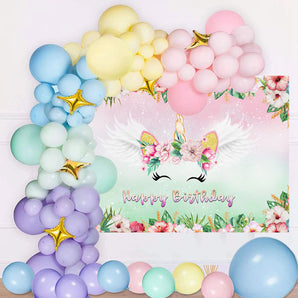 Mocsicka Flowers Unicorn Happy Birthday Party Backdrop and Balloon Kit-Mocsicka Party