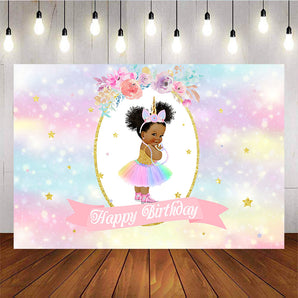 Mocsicka Unicorn Girl Happy Birthday Party Decor Shining Dots Colorful Flowers Backdrop-Mocsicka Party