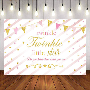 Mocsicka Twinkle Little Stars Baby Shower Backdrop Stripes Pink Gold Flag Photo Banners-Mocsicka Party