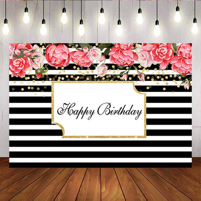 Mocsicka Black Stripes Birthday Party Supplies Watercolor Flowers Gold Dots Photo Banners-Mocsicka Party
