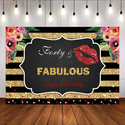 Mocsicka Fabulous 40th Birthday Backdrop Red Lips Flowers and Stripes Photo Prop-Mocsicka Party