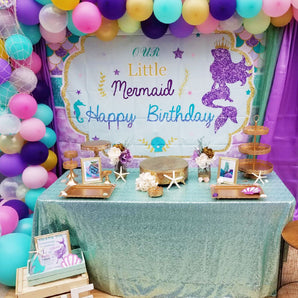 Mocsicka Little Purple Mermaid Backdrops Happy Birthday Party Backdrop-Mocsicka Party