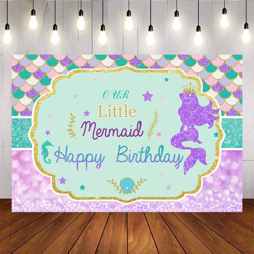 Mocsicka Little Purple Mermaid Backdrops Happy Birthday Party Backdrop