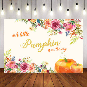 Mocsicka Pumpkin and Watercolor Flowers Backdrop Custom Baby Shower Party Supplies-Mocsicka Party