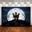 Mocsicka Old Castle Under Bright Moon Backdrop Pumpkins Bats Halloween Decor-Mocsicka Party