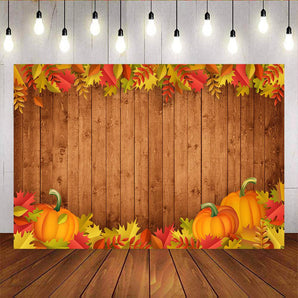 Mocsicka Pumpkin and Maple Leaf Baby Shower Backdrop Wooden Floor Background-Mocsicka Party