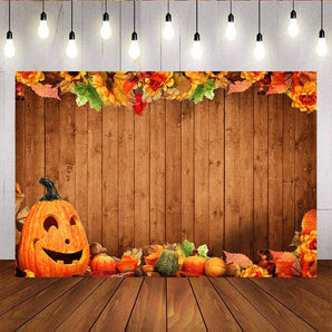 Mocsicka Maple Leaves and Pumpkin Backdrop Halloween Wooden Board Photo Background-Mocsicka Party