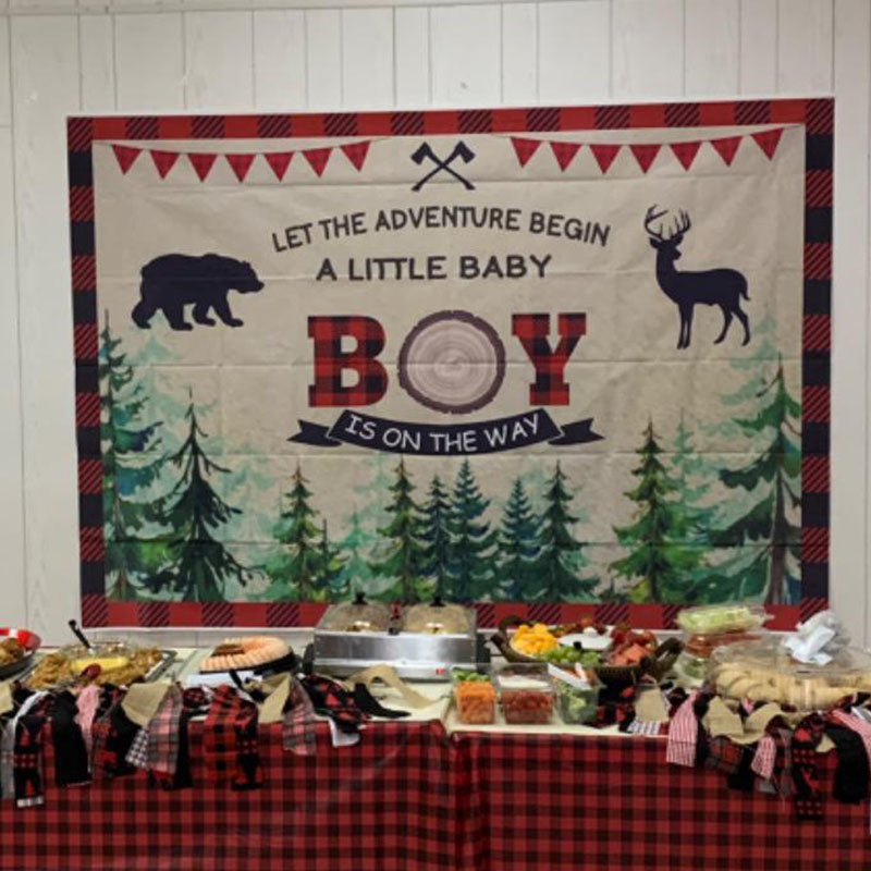 Mocsicka Lumberjack Red Plaid Baby Shower Backdrop Forest Animals Backdrops-Mocsicka Party