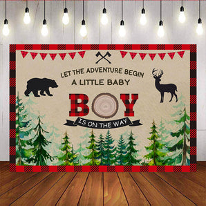 Mocsicka Lumberjack Red Plaid Baby Shower Backdrop Forest Animals Backdrops