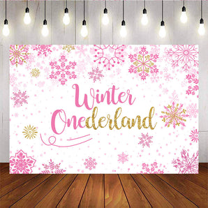 Mocsicka Winter Onederland Theme Baby Shower Backdrop Pink Snowflakes Photo Props-Mocsicka Party