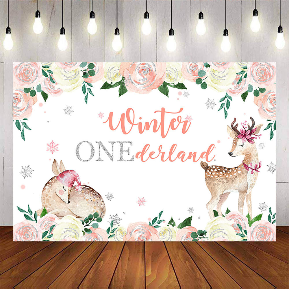 Mocsicka Winter Onederland Little Elk Baby Shower Backdrop Pink Flowers Background-Mocsicka Party