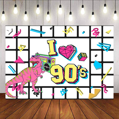 Mocsicka I Love the 90s Back Drop Black white squares and dinosaurs Photo background-Mocsicka Party