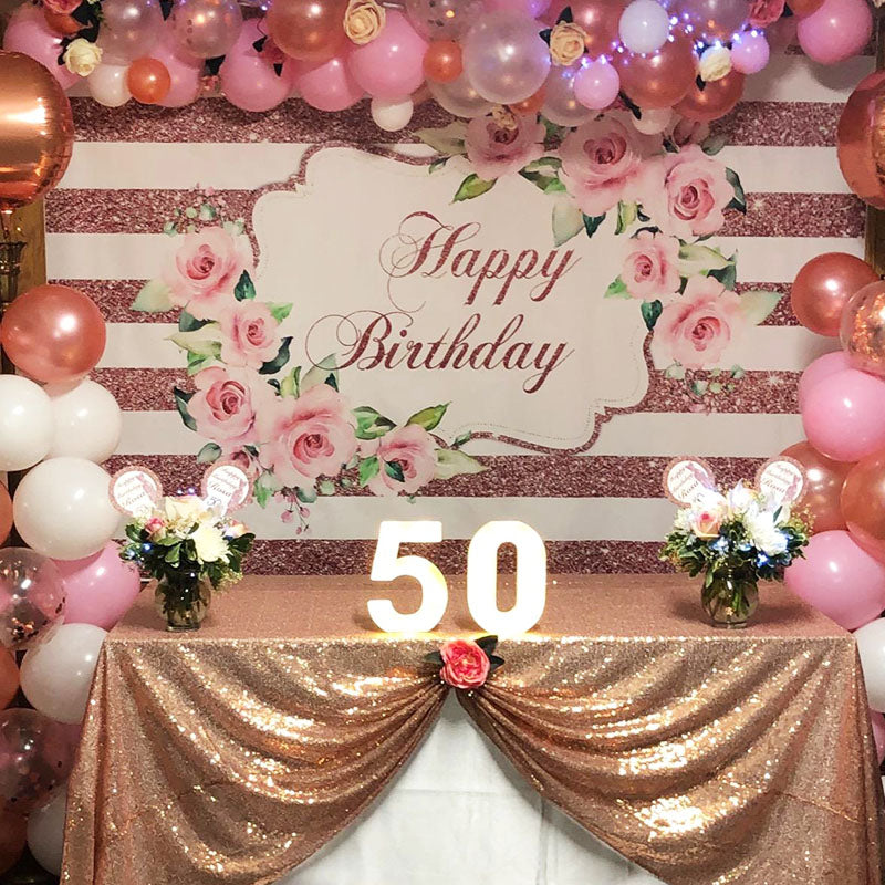 Mocsicka Rose Gold and White Stripes Happy Birthday Party Backdrop-Mocsicka Party