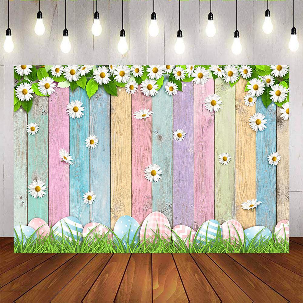 Mocsicka Easter Eggs Little Flowers Backdrop Colorful Wood Plank Photo Background-Mocsicka Party