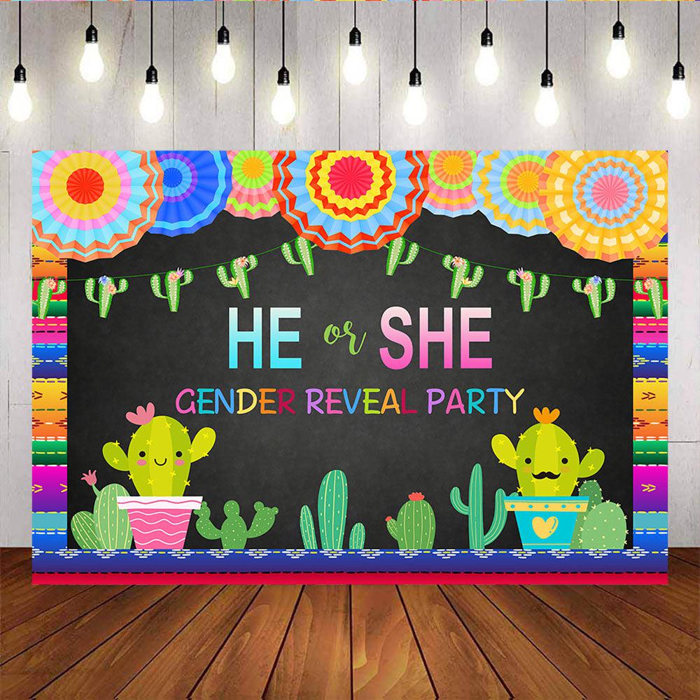 Mocsicka Mexican He or She Gender Reveal Backdrop Cactus Paper Umbrella Background-Mocsicka Party