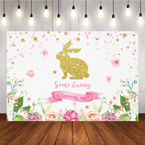 Mocsicka Golden Bunny Backdrop Spring Floral Pink Dots First Birthday Party Props-Mocsicka Party