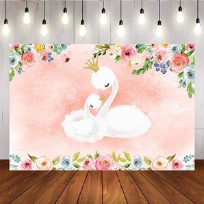 Mocsicka Golden Crown White Swan Baby Shower Backdrop Spring Flowers Pink Background-Mocsicka Party