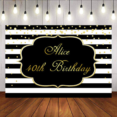 Mocsicka Happy 40th Birthday Party Backdrop Gold Dots and Black White Stripes Background-Mocsicka Party