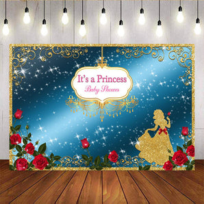 Mocsicka It's A Princess Baby Shower Party Prop Golden Disney Princess Red Rose Backdrops-Mocsicka Party