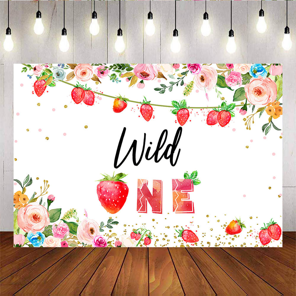 Mocsicka Wild One Birthday Backdrop Strawberry and Flowers Photo Background-Mocsicka Party