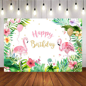 Mocsicka Pink Flamingo Happy Birthday Backdrop Plam Leaves and Flowers Photo Background-Mocsicka Party