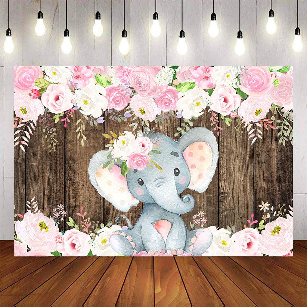 Mocsicka Little Girl Elephant Wooden Floor and Flowers Baby Shower Backdrops-Mocsicka Party