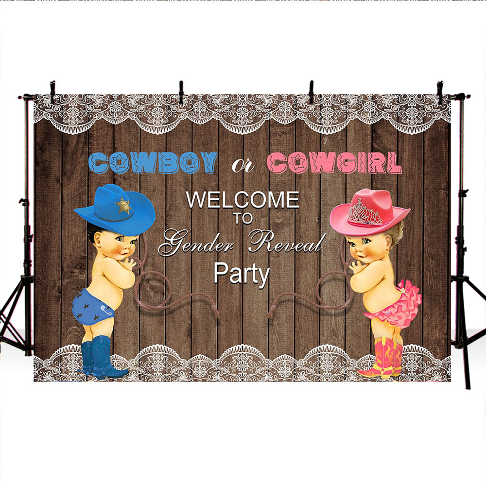 Mocsicka Cowboy or Cowgirl Gender Reveal Backdrops Wooden Floor Lace Background