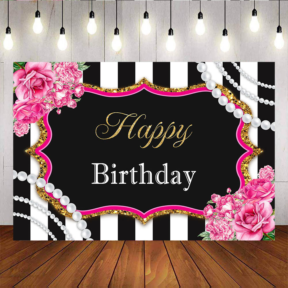 Mocsicka Happy Adult Birthday Party Props Pink Flowers and Pearls Stripes Background-Mocsicka Party
