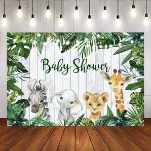 Mocsicka Plam Leaves Wooden Floor and Wild Animals Baby Shower Backdrops-Mocsicka Party