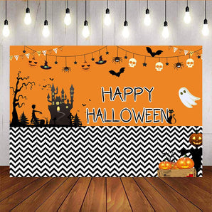 Mocsicka Happy Balloween Decor Props Castle Ghost and Pumpkins Photo Backdrop-Mocsicka Party