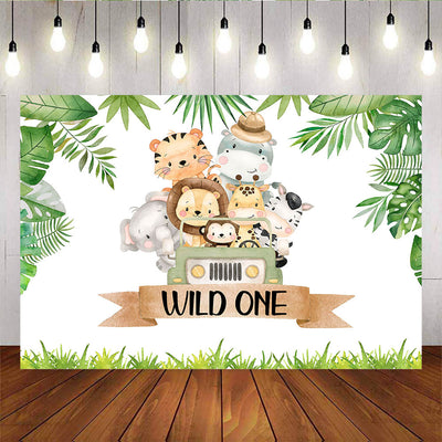 Mocsicka Wild One 1st Birthday Backdrop Little Animals Plam Leaves Photo Banners-Mocsicka Party