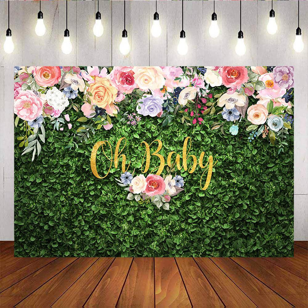 Mocsicka Oh Baby Watercolor Flowers and Green Leaves Baby Shower Background-Mocsicka Party