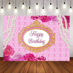 Mocsicka Pink Flowers and Pearls Happy Birthday Party Prop Custom Newborn Backdrop-Mocsicka Party