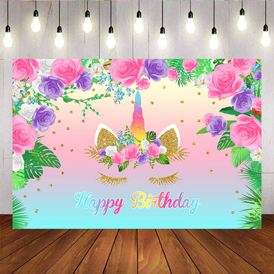 Mocsicka Colorful Unicorn Happy Birthday Backdrop Flowers and Gold Dots Background-Mocsicka Party