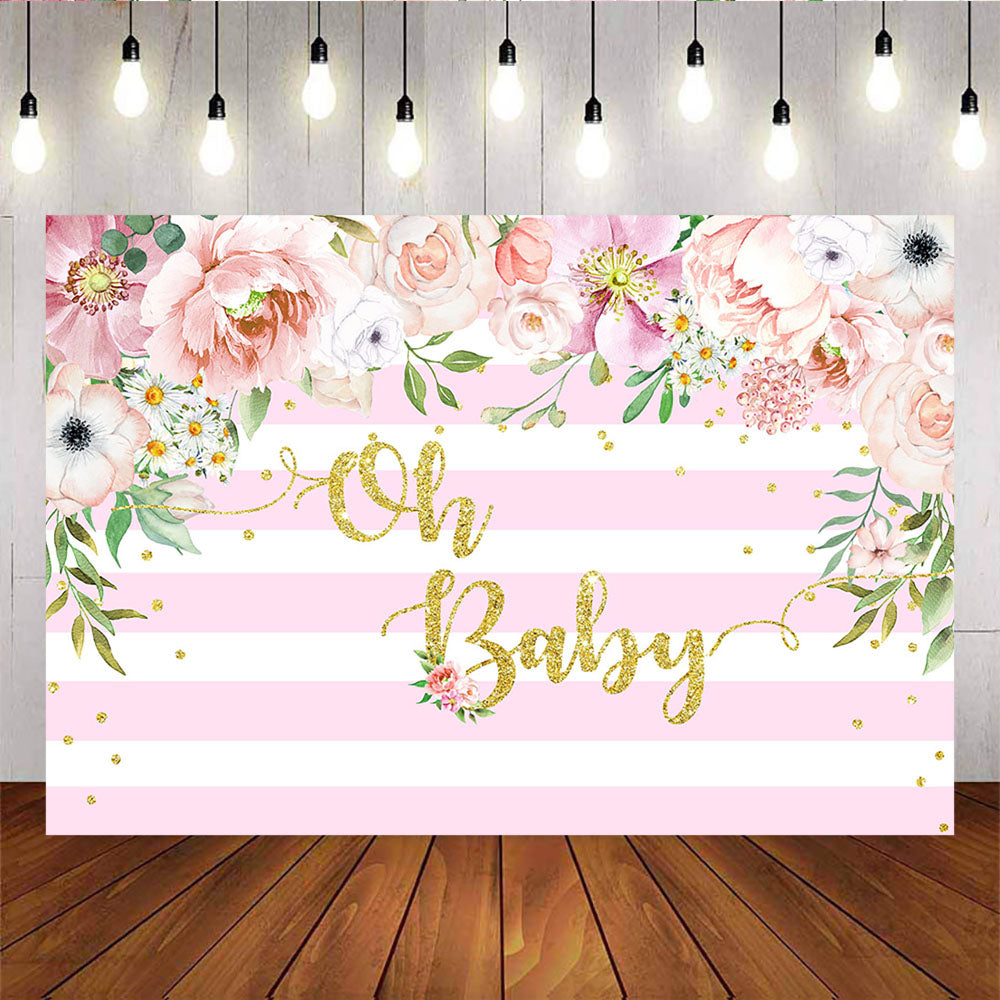 Mocsicka Oh Baby Pink Flowers and Gold Dots Baby Shower Stripes Background-Mocsicka Party